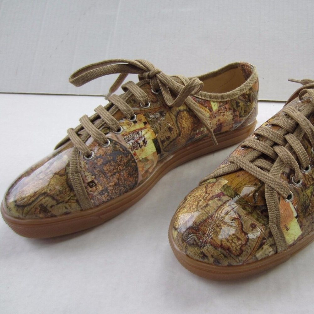 French Sole Sneakers Sz 6 US /36 EU World Print Hampton Patent Leather  Italy